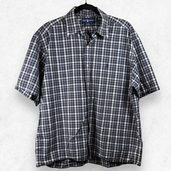 Ralph Lauren Blake Short Sleeve Men's L Checkers Blue/Gray Cotton Button Shirt - Picture 1 of 4
